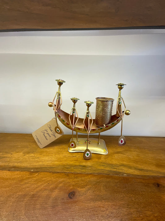 Handcrafted Ship Pen Stand with 04 Figures in Gold Color Steel Table Decor Sculpture