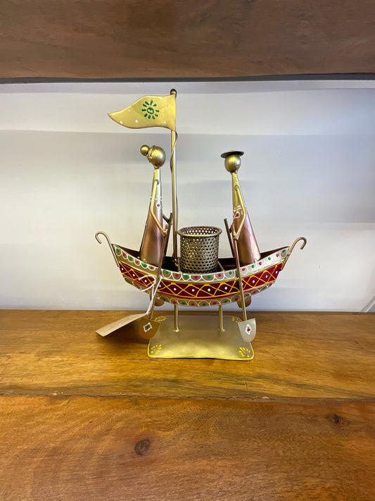 Handcrafted Ship Pen Stand with Couple in Gold Color Steel Table Decor Sculpture