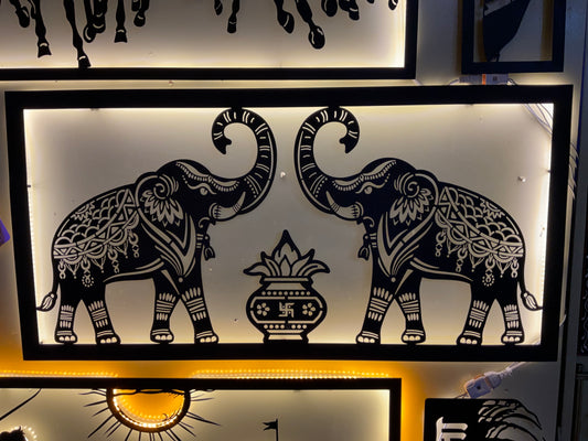 Elephant CNC Steel Wall Art Sculpture in Black with LED Light