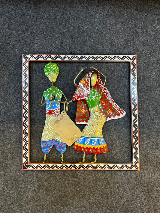 Rajasthani Couple Handcrafted Steel Wall Art Sculpture in Black with LED Light