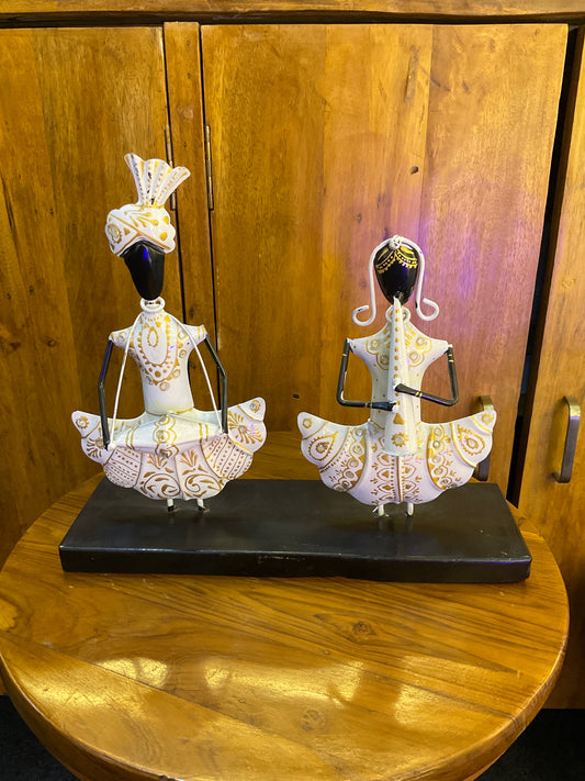 Handcrafted Musician Couple in White Steel Table Decor Sculpture
