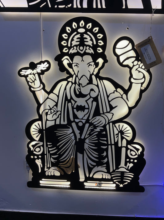 Ganesha CNC Steel Wall Art Sculpture in Black with LED Light