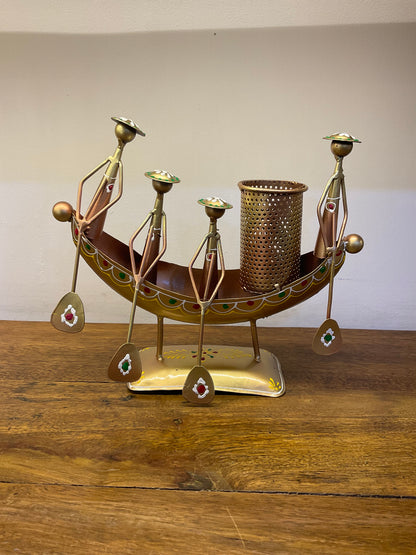 Handcrafted Ship Pen Stand with 04 Figures in Gold Color Steel Table Decor Sculpture