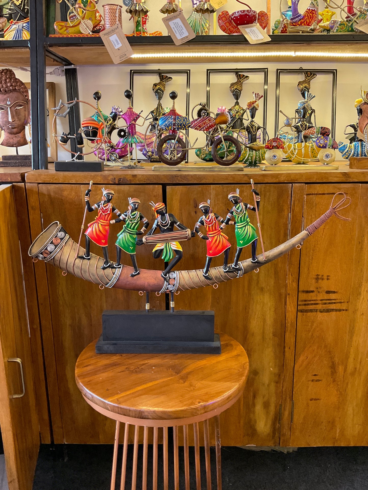 Handcrafted 05 Figures Adivasi Dance on Trumpet Steel Table Decor Sculpture