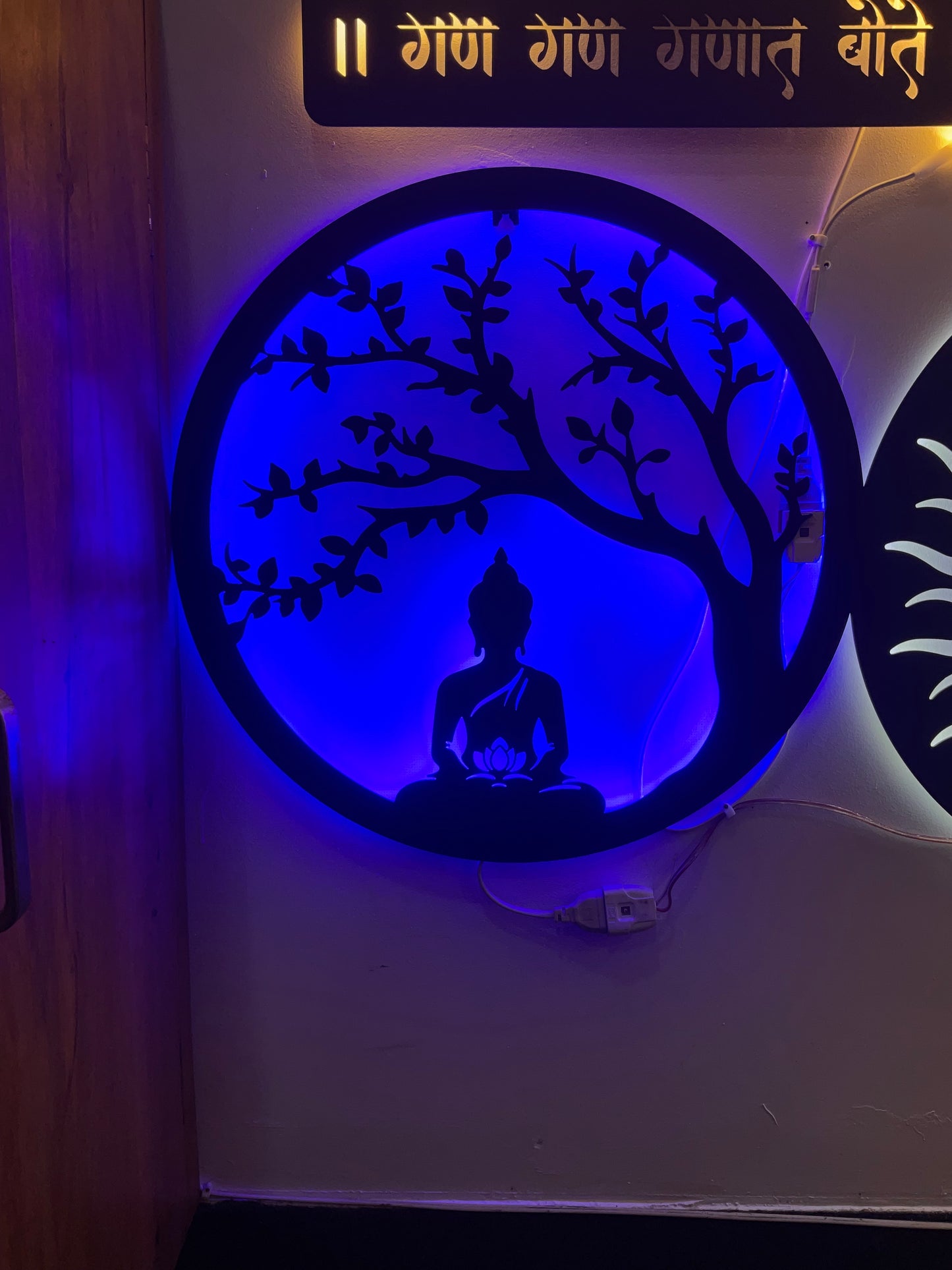 Gautam Buddha and Bodhi Tree Steel Wall Art in Black with LED Light