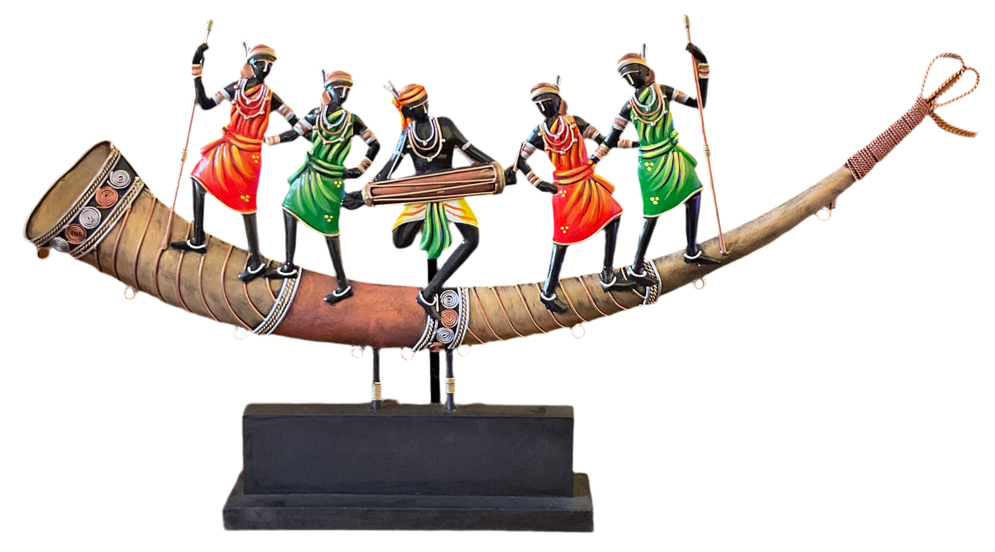 Handcrafted 05 Figures Adivasi Dance on Trumpet Steel Table Decor Sculpture