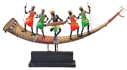 Handcrafted 05 Figures Adivasi Dance on Trumpet Steel Table Decor Sculpture