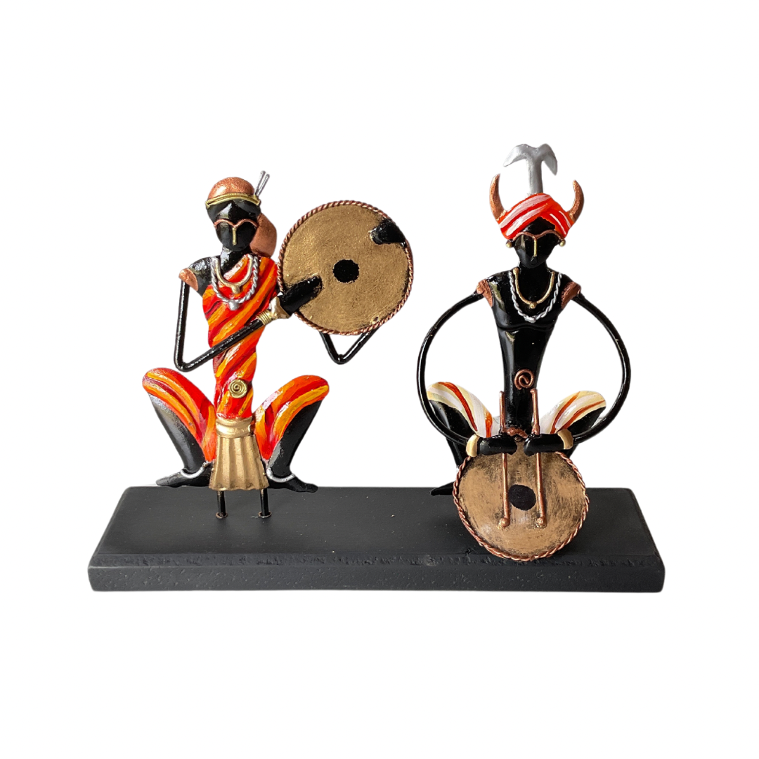 Handcrafted Adivasi Couple Musician Steel Table Decor Sculpture