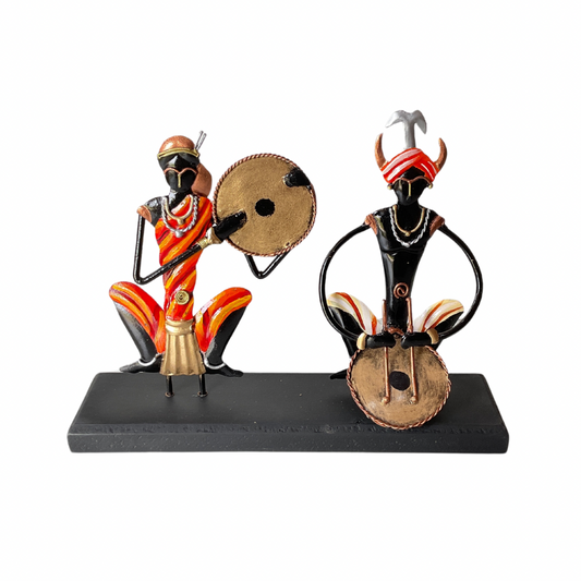 Handcrafted Adivasi Couple Musician Steel Table Decor Sculpture