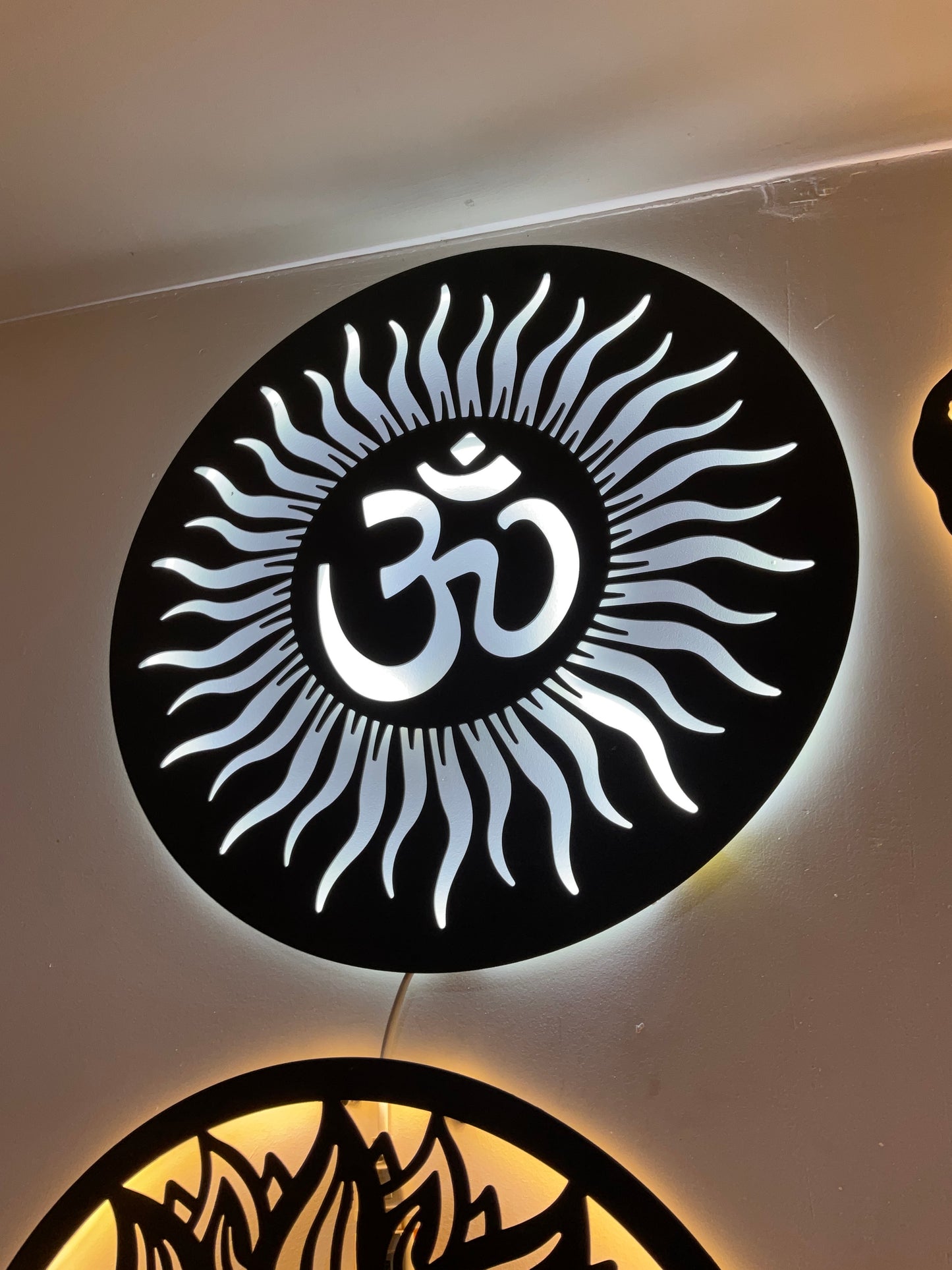Om CNC Steel Wall Art Sculpture in Black with LED Light
