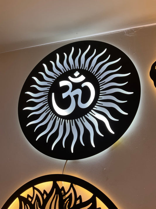 Om CNC Steel Wall Art Sculpture in Black with LED Light