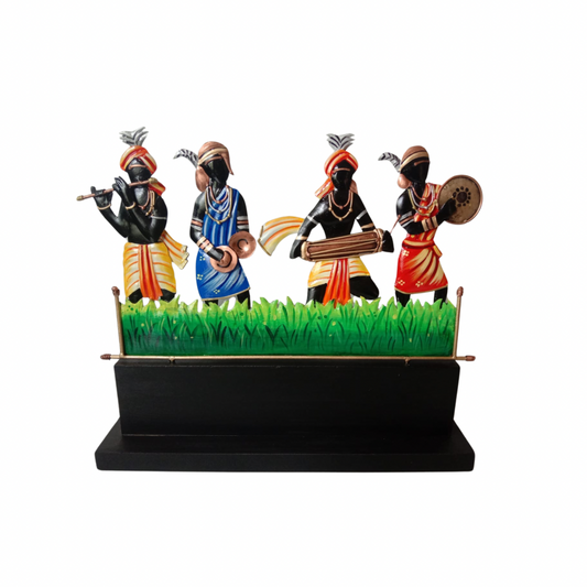 Handcrafted 04 Adivasi Musicians Steel Table Decor Sculpture