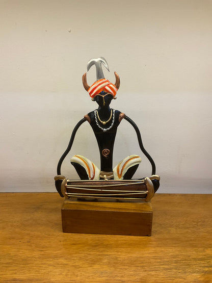 Tribal Man Playing Dholak Handcrafted Steel Table Decor Sculpture