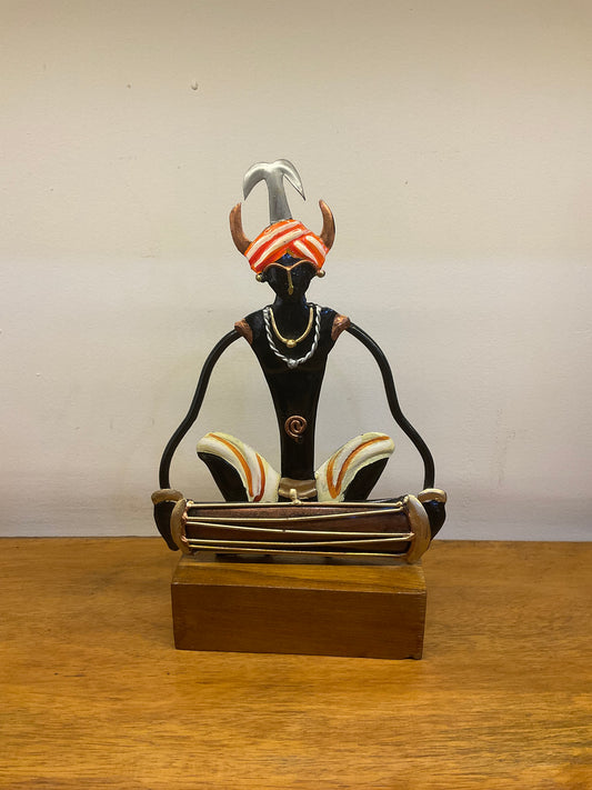 Tribal Man Playing Dholak Handcrafted Steel Table Decor Sculpture