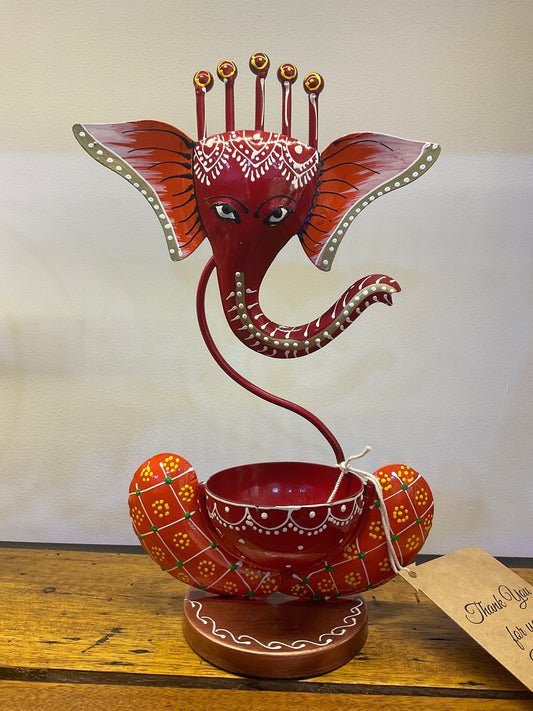 Handcrafted Ganesha Candle Stand in Orange Steel Table Decor Sculpture