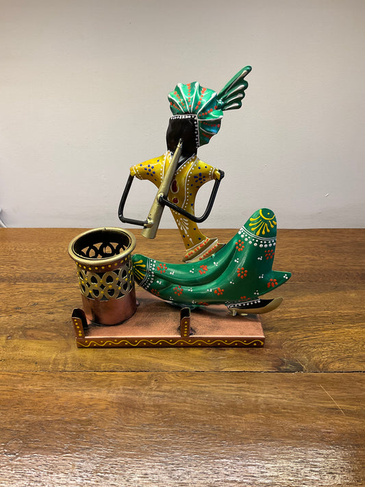 Musician Men Pen Stand with Card Holder Handcrafted Steel Table Decor Sculpture