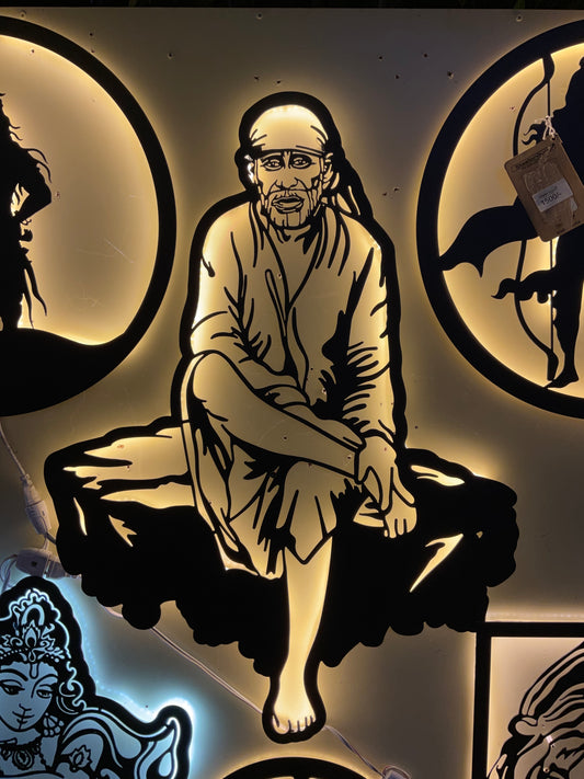 Sai Baba CNC Steel Wall Art Sculpture in Black with LED Light