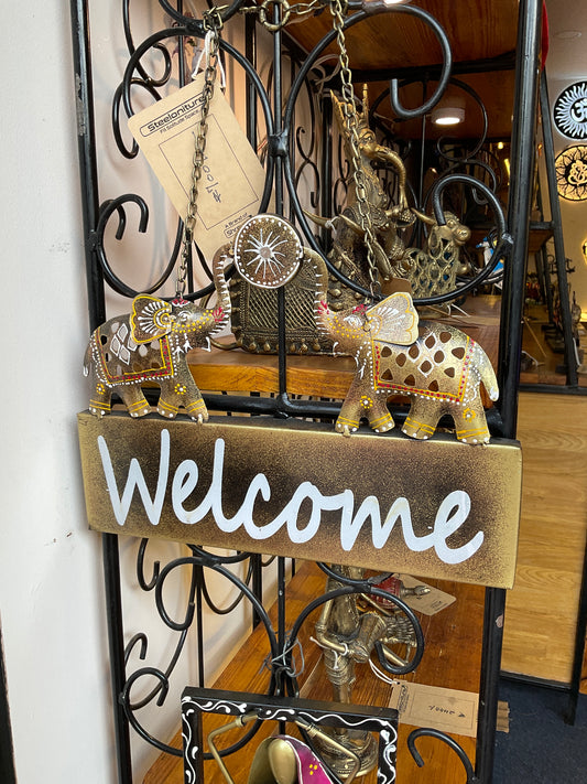 Elephants Welcome Handcrafted Steel Wall Art Sculpture in Black with LED Light