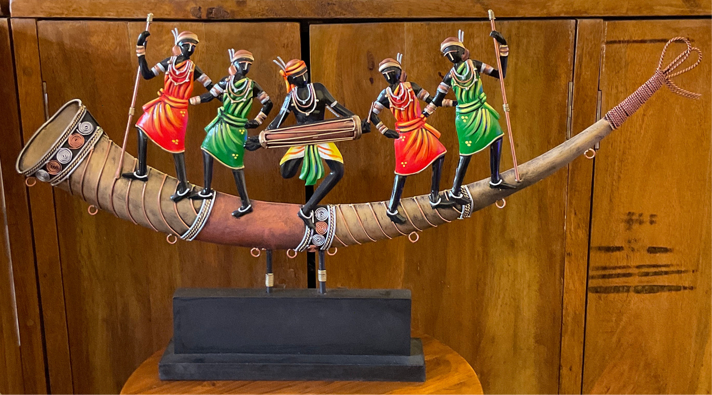 Handcrafted 05 Figures Adivasi Dance on Trumpet Steel Table Decor Sculpture