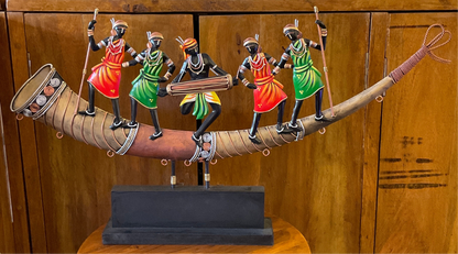 Handcrafted 05 Figures Adivasi Dance on Trumpet Steel Table Decor Sculpture