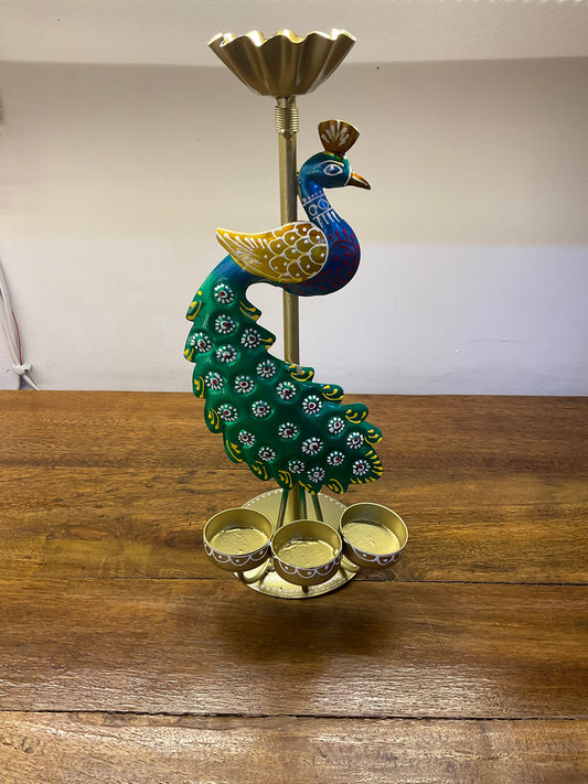 Peocock Candle Stand Handcrafted Steel Table Decor Sculpture
