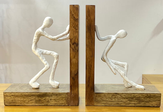 Handcrafted Wood Set of Men Pushing Frame Table Decor Sculpture