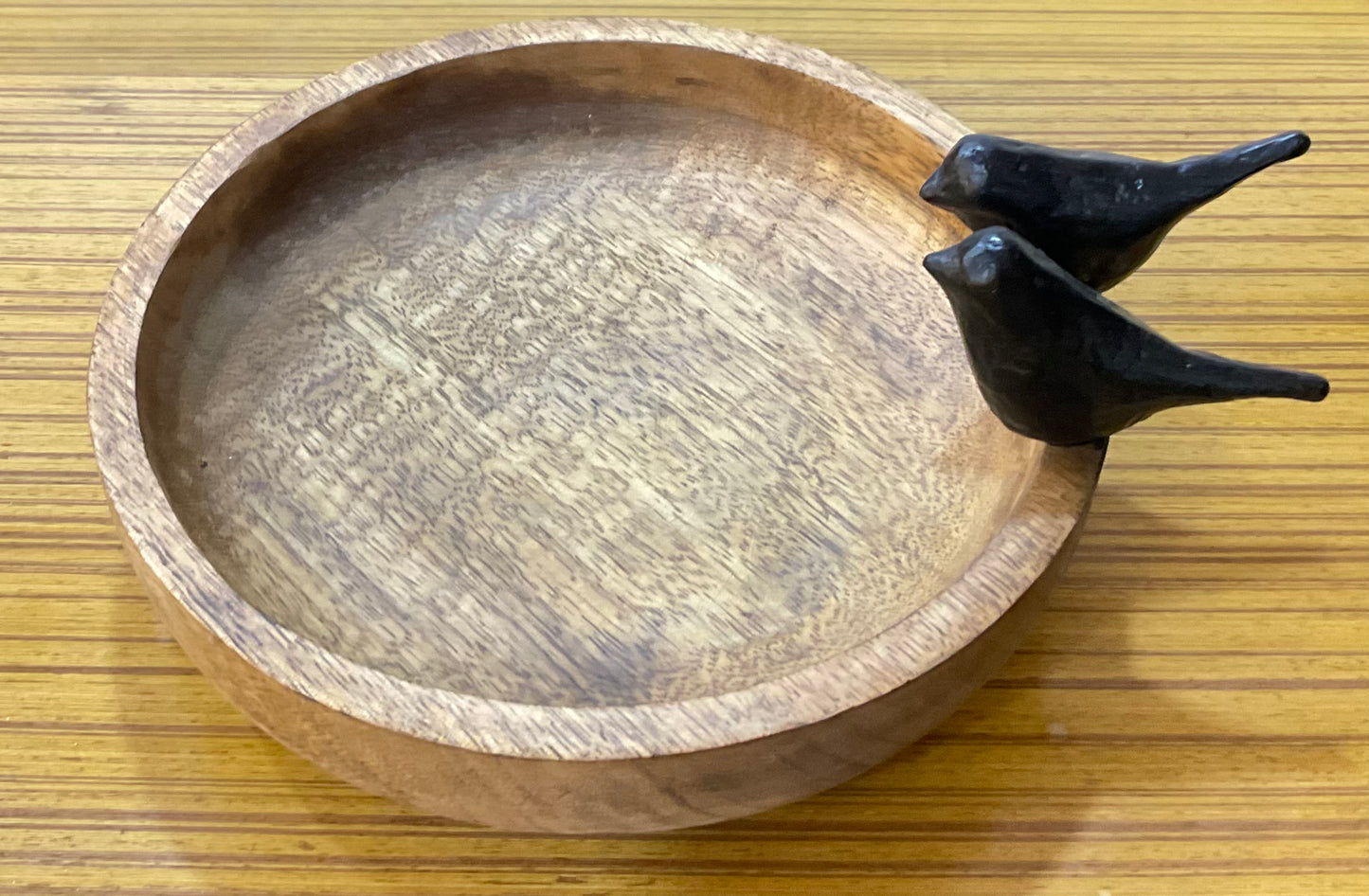 Handcrafted Wood Bowl with Birds Table Decor Sculpture