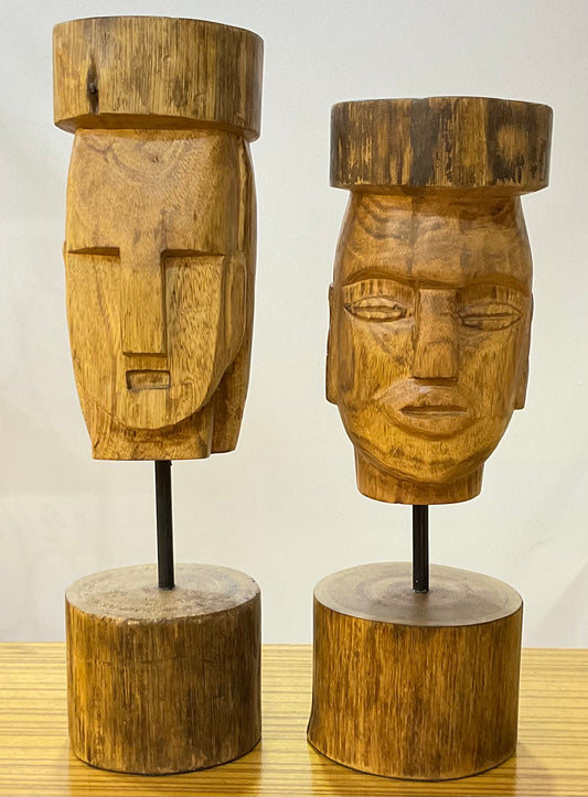 Handcrafted Set of 02 Abstract Wooden Face Table Decor Sculpture