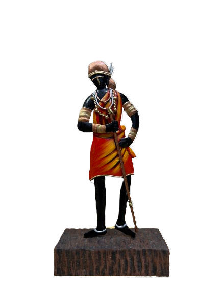 Handcrafted Lady Adivasi with Stick Steel Table Decor Sculpture