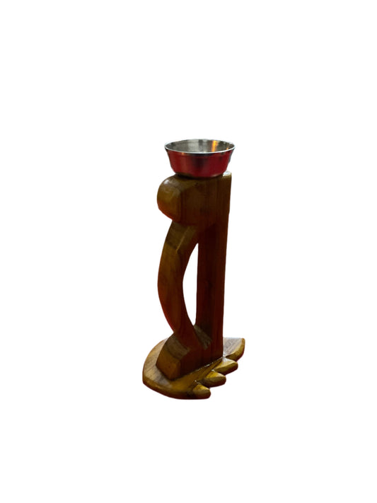 Handcrafted Teak Wood Candle Stand with Steel Bowl