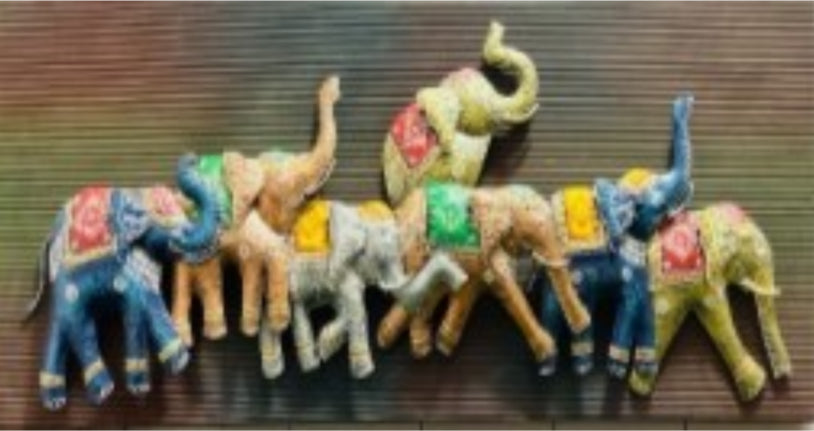 Handcrafted Multicolor Seven Elephants Frame with LED lights Steel Wall Decor Art