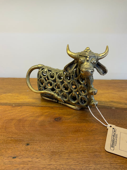 Handcrafted Brass Cow with Bells Table Decor Sculpture