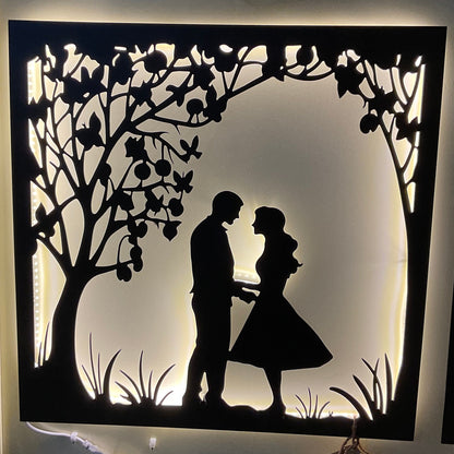 Valentine Couple CNC Steel Wall Art Sculpture in Black with LED Light