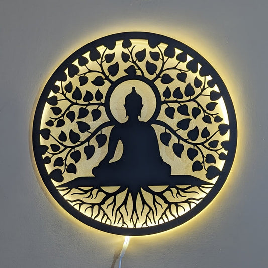 Gautam Buddha and Bodhi Tree Steel Wall Art with LED Light