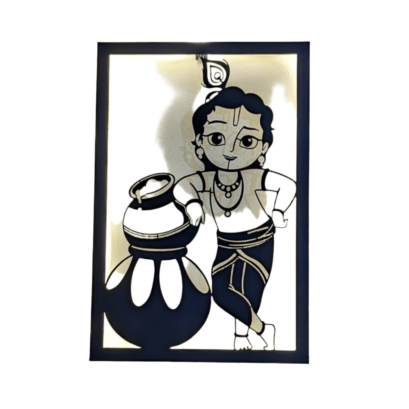 Little Krishna Steel Wall Art Sculpture in Gold with LED Light