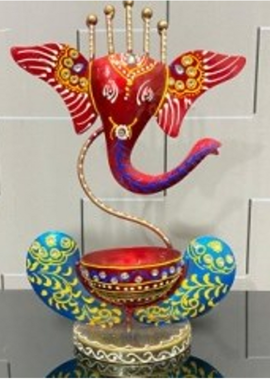 Handcrafted Ganesha Candle Stand in Red Steel Table Decor Sculpture