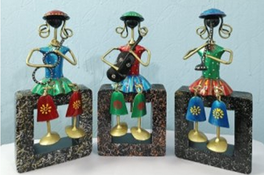 Handcrafted Set of 03 Musician Figurines Sitting on Square Block Multi Color Steel Table Decor Sculpture