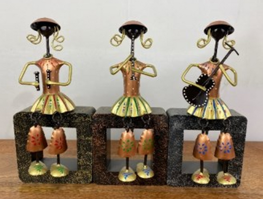 Handcrafted Set of 03 Musician Figurines Sitting on Square Block in Copper Color Steel Table Decor Sculpture