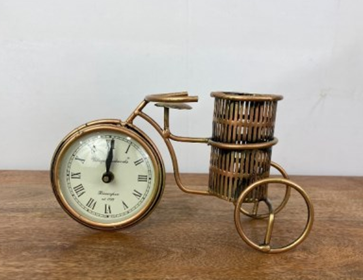 Handcrafted Cycle Clock with Pen Stand Steel Table Decor Sculpture