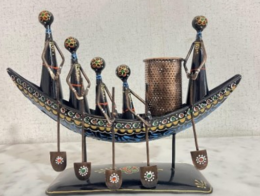 Handcrafted Ship Pen Stand with 05 Figures in Black Color Steel Table Decor Sculpture