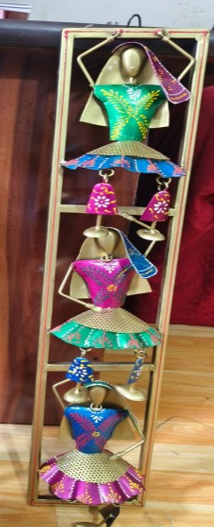 Handcrafted Set of 03 Dancing Dolls Multi Color in Vertical Frame Steel Wall Art Decor Sculpture