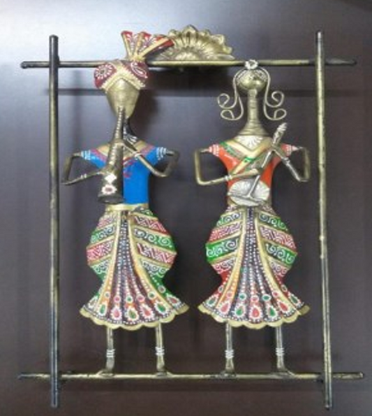 Handcrafted Musician Couple Multi Color in Square Frame Steel Wall Art Decor Sculpture