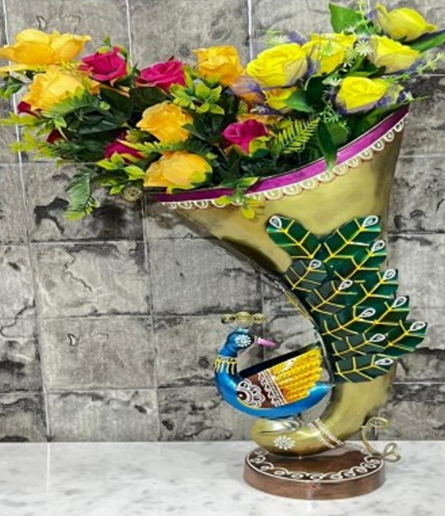 Handcrafted Peocock Vase Steel Table Decor Sculpture