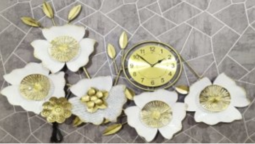 Handcrafted White Color Flowers Watch with LED lights Steel Wall Decor Art