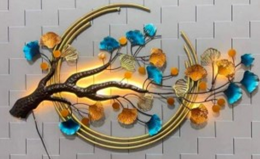 Handcrafted Blue Color Flowers Tree with LED lights Steel Wall Decor Art