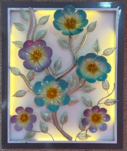 Handcrafted Purple & Blue Flowers Frame with LED lights Steel Wall Decor Art