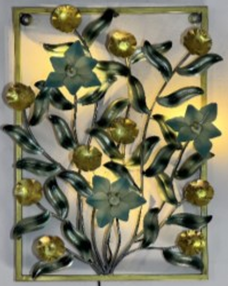 Handcrafted Blue Flowers Frame with LED lights Steel Wall Decor Art