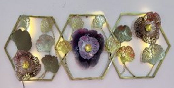 Handcrafted Hexagonal Flowers Frame with LED lights Steel Wall Decor Art