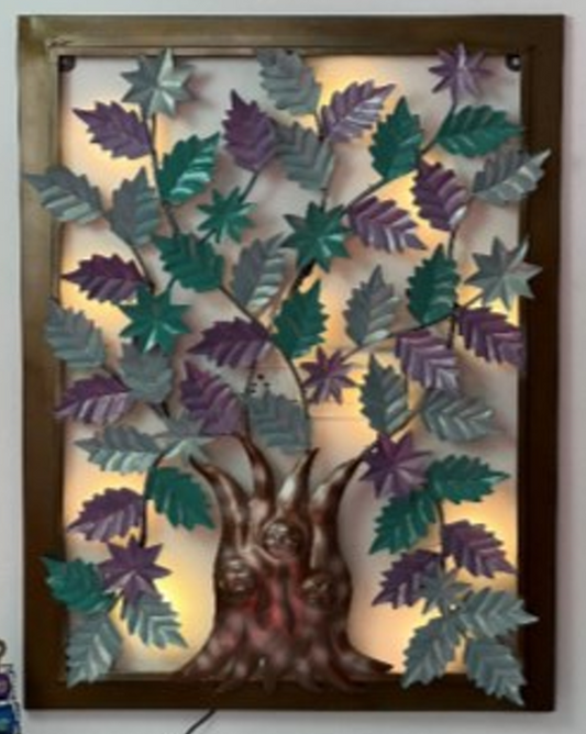 Handcrafted Multicolored Leaf Tree Frame with LED lights Steel Wall Decor Art