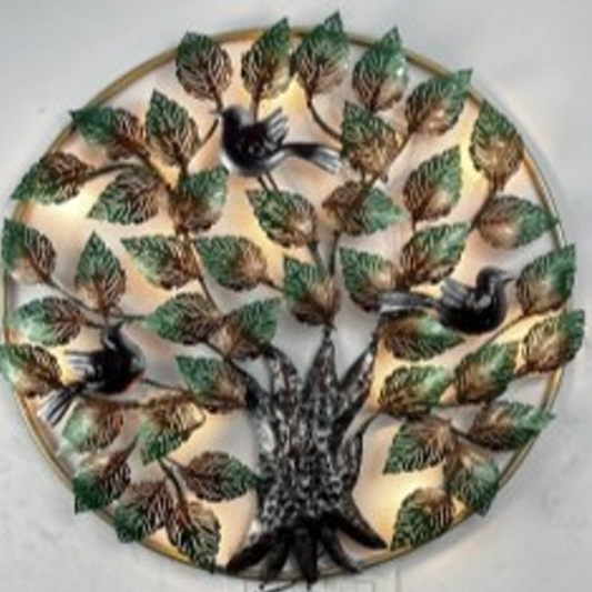 Handcrafted Birds Circular Tree Frame with LED lights Steel Wall Decor Art